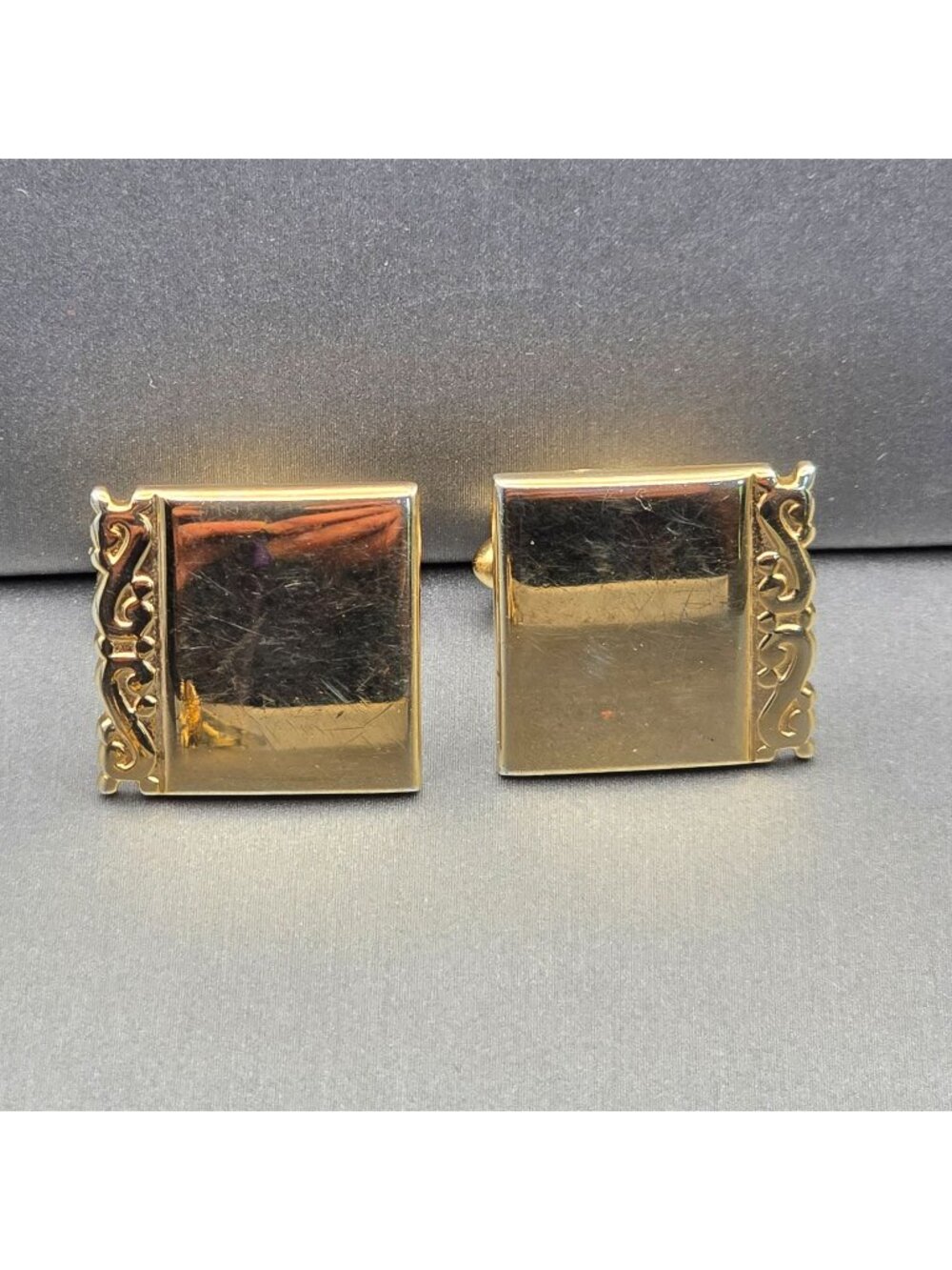 VTG Swank Gold-Tone Square Cufflinks .75" Ornate Scrolled Edge Bullet Back